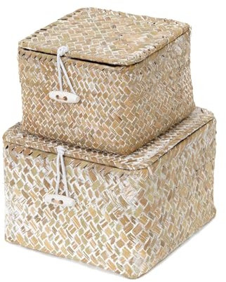 Compactor Tresor Seegras-Aufbewahrungskorb, Set aus 2 stapelbaren Körben, 12 x 12 x 8 cm / 15 x 15 x 10 cm, gewebtes Seegras, Beige