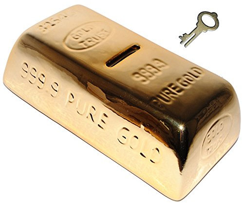 alles-meine.de GmbH XL Spardose Goldstück - Goldbarren - stabile Sparbüchse mit Schlüssel - aus Porzellan/Keramik - Sparschwein lustig witzig - Reich - für Erwachsene/Kin..