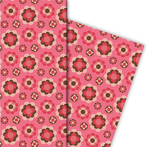 Kartenkaufrausch Kultiges 70er Jahre Geschenkpapier Set mit Retro Streu Blüten für liebe Geschenkverpackung, DIY Projekte, Basteln, 4 Bogen, 32 x 48cm, in rosa