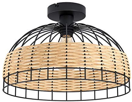 EGLO Deckenlampe Anwick, 1 flammige Deckenleuchte Vintage, Boho, Wohnzimmerlampe aus Stahl und Rattan in Schwarz, Natur, Küchenlampe, Flurlampe Decke mit E27 Fassung