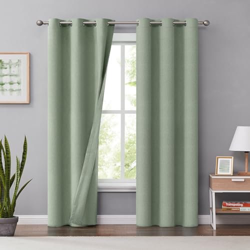 Melodieux Lot de 2 Rideaux occultants en Lin pour Chambre à Coucher et Salon – Rideaux à Isolation Thermique avec œillets en Toile de Jute – 106,7 x 160 cm – Vert
