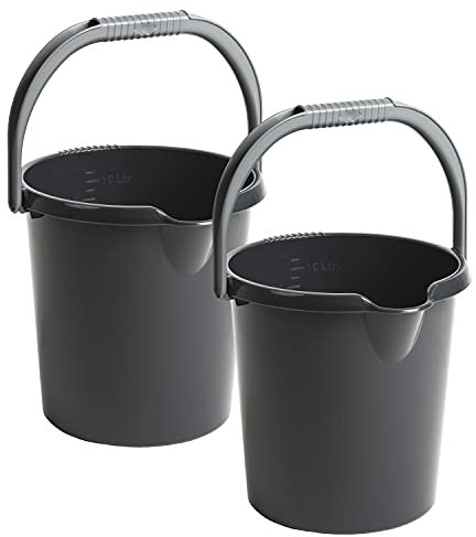 2X Eimer mit Ausguss und Henkel - 10 Liter - schwarz - Putzeimer Haushalt Küche Bad Camping Kunststoff Eimer Haushaltseimer Wassereimer