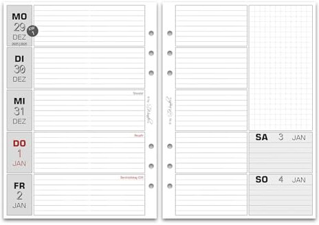 SinnWunder® Premium Kalendereinlagen 2026 - Wochen-Kalender - 1 Woche 2 Seiten - Größe Din A5 - Filofax-Lochung