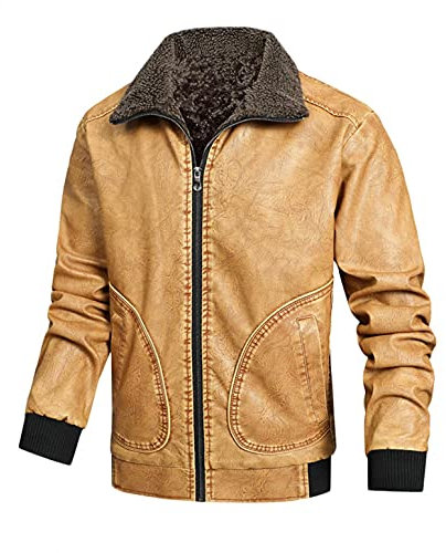 Men's Shearling Lining Leather Jacket Lapels Winter Warm Teddy Fleece Jacket Vintage Biker Jacket Lined Winter Jacket Faux Leather Men Windproof Motorcycle Jacket Coats, khaki, XXXL
