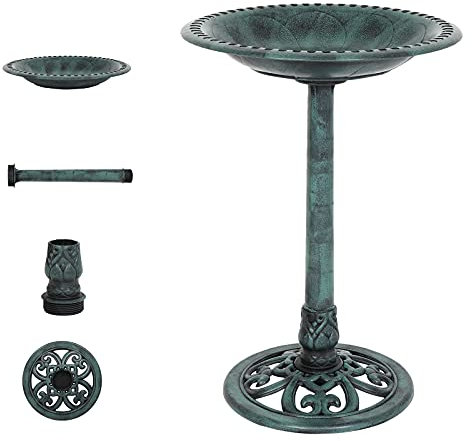 Bonnlo Wild Bird Bath Green Patina Weather Resistant Resin Pedestal Birdbaths Antique Sculpture Finish Garden Decor for Outdoor Lightweight Courtyard-71 cm Tall