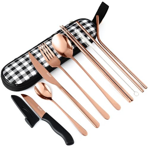 hecef 10 PCS Lunch Cutlery Set for Work, Camping Travel Cutlery Set with Compact Cloth Bag, Reusable Stainless Steel Cutlery Set for Work, School, Camping, and Travel (Rose Gold)