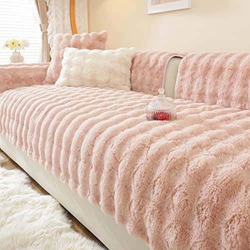 ZQYMM Thick Rabbit Plush Sofa Cushion, Universal Rabbit Plush Sofa Cushion Covers, Sofaüberwürfe Super Soft Faux Rabbit Fur Non Slip Sofa Cushion Covers Furniture Protector,Cherry pink,30 * 50cm