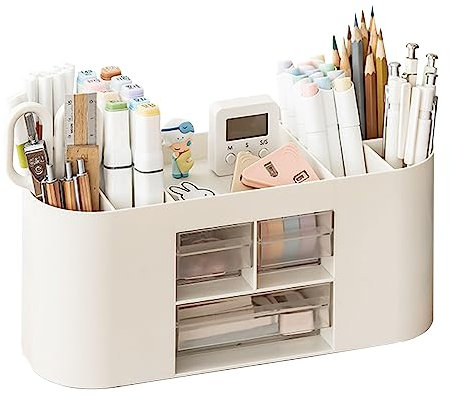 Lvjkes Stiftehalter Aufbewahrungskiste, Schreibtisch organizer 10 Fächer Große Kapazität, Doppelschicht transparente Schublade, Kann Bleistifte, Buntstifte, Verschiedene Schreibwaren aufnehmen (Weiß)