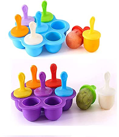 2 Piezas Moldes Helados Silicona, Molde Helado, 7 Cavidades Moldes para Helados con Palitos de Plástico Coloridos, sin BPA, Moldes Helados Bebe, para Helados y Polos