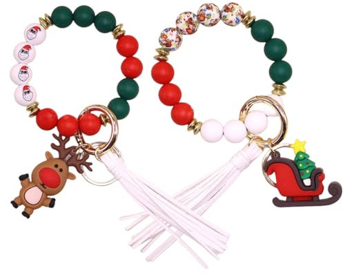 Unistybag Schlüsselanhänger Armband Armband Schlüsselanhänger Silikon Perlen Schlüsselanhänger Geschenke für Frauen für Mutter/Weihnachten (2 Stück), Rentier+Schlitten