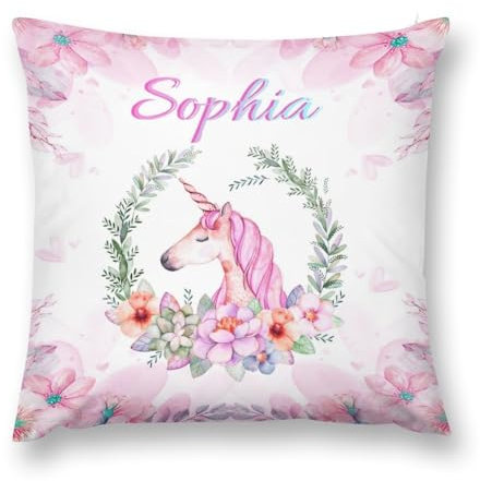 Cyiecweu Kissenbezug personalisiert mit Namen, 45 x 45 cm Personalisierte Einhorn Kissen mit Text Bedrucken Lassen, Mädchen, für Kind Geburtstag,Weihnachten Geschenk,nur Kissenbezug