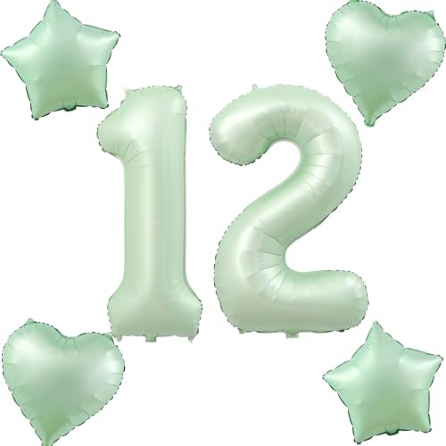 Olive Grün Luftballons Zahl 12+4 pcs herz/stern Folienballon Zahl 12 .Geburtstag mädchen,40 Riesenzahl Ballons 12.geburtstagsdeko Jungen,Zahlenballon 12, Helium Ballons 12 Zahlen Luftballons