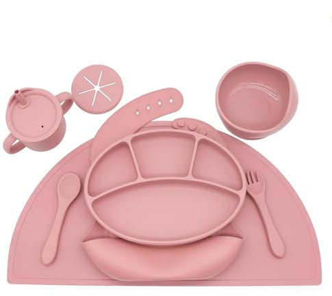Juego de papilla para bebé de silicona, 8 piezas: plato con ventosa, cuenco, cuchara, babero, antideslizante, set de primera comida para niños (rosa)