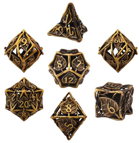 SIQUK 7 Stücke DND Würfel Set, Metall Würfel Spiel Polyedrische Würfel Hohles Spielwürfel Dungeons and Dragons Würfel für D&D MTG RPG(Antikes Gold)
