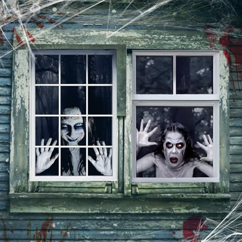 Oemmn Halloween Fenster Deko Innen Garten Zubehör Halloween Geist Fensterbilder Vorhang Halloween Fensterdeko Halloween Fensterabdeckung für Helloween Dekor Garten, 2 Stück