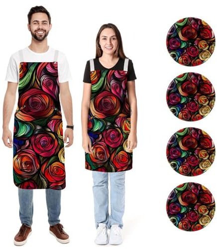 Confezione da 2 grembiuli da cucina colorati con rose romantiche, bavaglino regolabile morbido grembiule da chef con 2 grandi tasche per uomini e donne, Rose romantiche colorate,