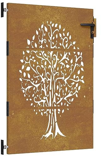 Zauntor für Staketenzaun, Gartenzaun Pforte Gartentor Metall Gartentür Gartenpforte Hoftor Flügeltor Einfahrtstor Gartentpforte, 85x125 cm Cortenstahl Baum-Design