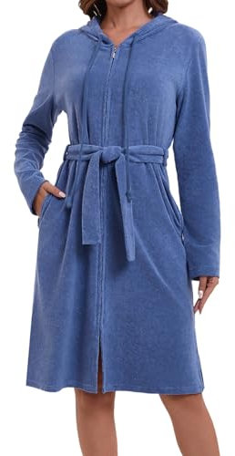 Mnamo Damen Kapuze Bademantel Reißverschluss Frottee mit Gürtel Weicher Mikrofaser Langarm Bademantel Ideal für Zuhause und Wellness Jeansblau M