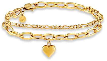 Armband Herz für Damen Gold - Mehrreihiges goldenes Charms Armband in 18K vergoldet | Verstellbares Herz Charm Armkette(14,5cm - 19,5cm) - Figaro Kette, Panzerkette