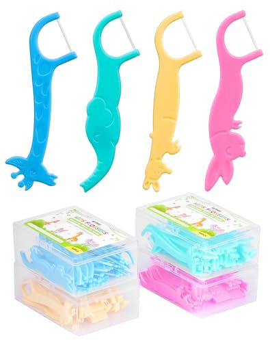 NETONDA Hilo Dental Infantil 160 Unidades Hilo Dental Con Mango Ergonómico Para Niños Seda Dental Infantil Con 4 Mangos Coloridos En Forma De Animal – Sin Cera, Sin Flúor, Colores Vivos (4 X 40 Uds)