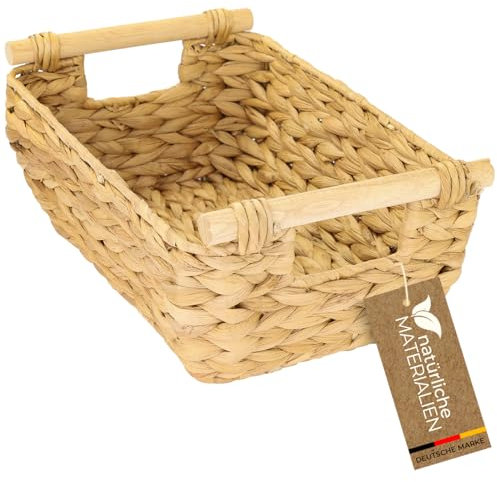HMF Aufbewahrungskorb Badezimmer, Korb mit Holzgriffen geflochten aus Wasserhyazinthe | lang und bauchig | 32 x 22 x 12 cm