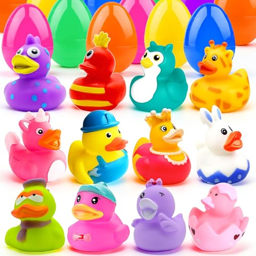 Vinvovojoy 12 Stück Gummi-Enten Badespielzeug mit Gefüllte Ostereier, Float Bunte Enten Poolspielzeug für Osterkorb Füllstoffe, Schwimmende Enten Badewannen Spielzeug für Geburtstag Party Geschenke
