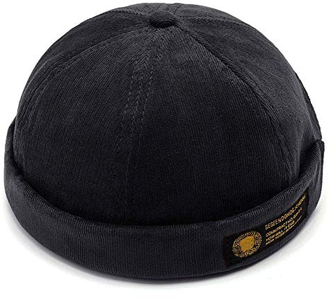 Men Women Hats Docker Cap Hats Sailor Cap Worker Hat Rolled Cuff Retro Brimless Hat with Adjustable (Black)