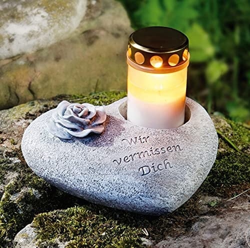 Dekoleidenschaft Grabschmuck in Herz-Form mit Schriftzug Wir vermissen Dich, Rose und Ausparung für Grabkerze, bepflanzbar, Grabdeko, Steinherz, Trauerdekoration wetterfest, Grabherz