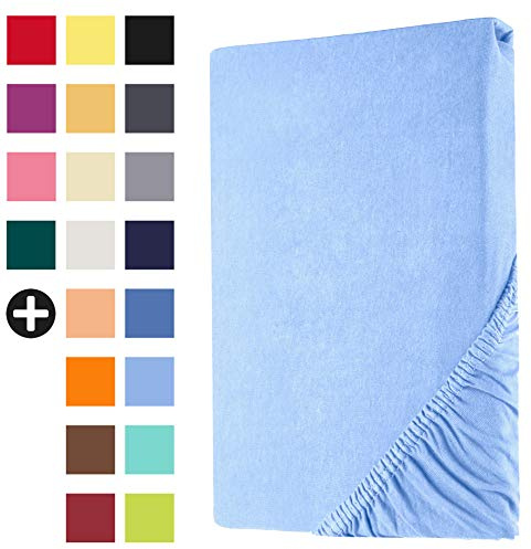 Heim24h Spannbettlaken 120x200cm bis 30 cm, Hellblau, 100% Baumwolle Bettlaken, Öko Tex Zertifiziert Jersey Spannbetttuch