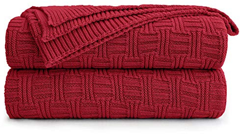 Cotton Red Knit Throw Blanket for Couch Sofa Beach Chair Bed Home Decorative Soft Warm Cozy Cable Lightweight Knitted Blankets, 50 x 60 Inch