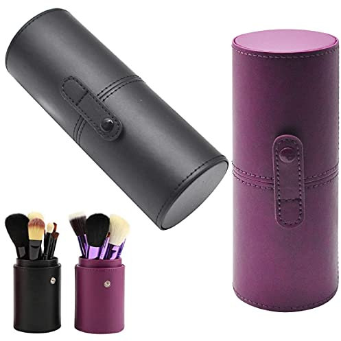 Yueser 2 Pcs Porte-Pinceau de Maquillage PU Cuir Portable Voyage Cosmétique Boîte de Rangement pour Pinceaux de Maquillage Pot à Crayons (Noir Violet)