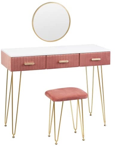 WOLTU Schminktisch mit Spiegel und Hocker, Frisiertisch mit 3 Schubladen aus Massivholz, Große Hochglanz Tischplatte 100x40cm, Modern Kosmetiktisch aus Samt und Metall, Rosa Weiß, MB6080rs