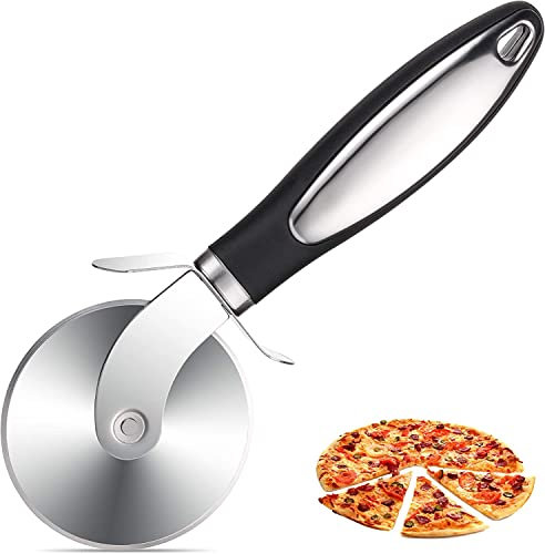 McoMce - Tagliapizza in acciaio INOX con manico nero antiscivolo, 20 cm e rotante, per pizza e pizza da cucina, per gli amanti della pizza