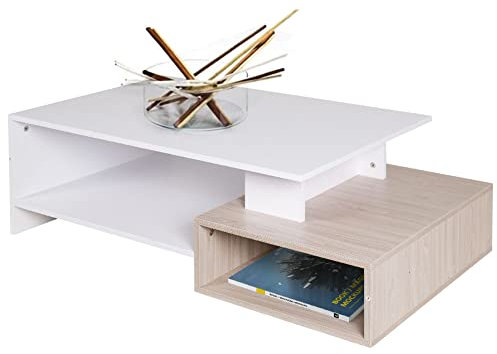BAKAJI Tavolino Divano Tavolo Caffè da Salotto Rettangolare Design Moderno in Legno MDF con 4 Ripiani Inferiori Dimensione 106.5 x 60 x 34.5 cm Arredamento casa (Bianco e Quercia)