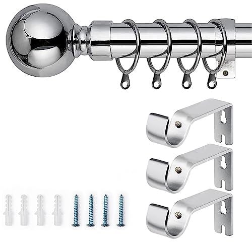 Chrome Finish Extendable Metal Curtain Poles Set includes 60 mm Finials, Curtain Rod (160-300 cm), Brackets & Fitting Set