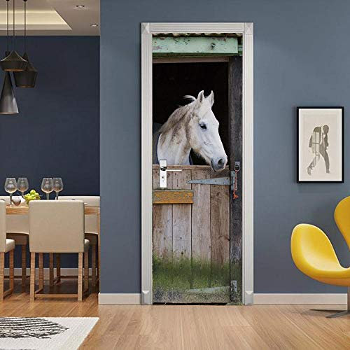 GSKBDQ 3D Effet Stickers Porte Interieure Trompe L'Oeil Cheval Blanc Animal Autocollant De Porte Auto-Adhésif Poster Mural Salon Cuisine Chambre Salle De Bain Papier Décoration 77X200Cm