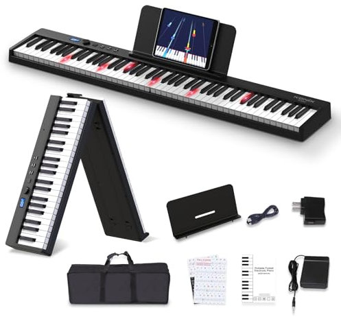 Konix Folding Piano Keyboard 88 Key with Light Up Keys Full-Size Semi-Weighted Portable Keyboard Piano, Bluetooth Electric Piano with Sustain Pedal, Keyboard Stickers,Music Stand and Piano Bag