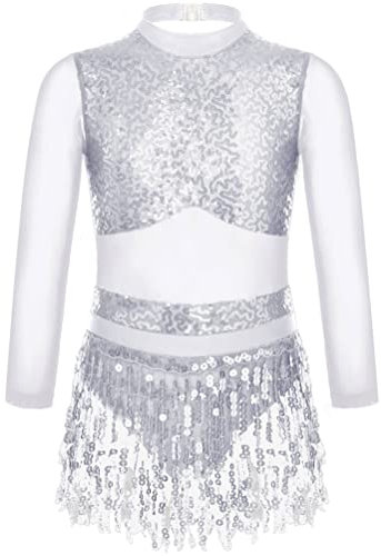 Aislor Tanzkleid Mädchen Langarm Transparent Ballettkleid Pailletten Tanzbody mit Quaste Rock Rollschuhkleid Latein Chacha Ballsaal Dancewear Silber 134-140
