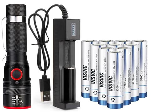 WWQQYY USB 18650 Rechargeable Torch Flashlight, w/10 Flat top 18650 Rechargeable Battery and Single Slot USB Charger, Small Pocket Torch for Camping Hiking,Outdoor,Cycling,Fishing,Dog Walking