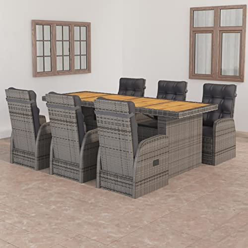 Yolola Rattan Essgruppe 6 Personen Sitzgruppe Garten Essgruppe 6 Personen mit 6 Gartenstuhl Verstellbar mit Auflagen Rattan Gartenmöbel Set Gartenmöbel Essgruppe Gartengarnitur Grau und Braun