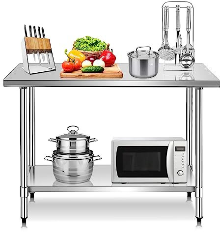 COSTWAY Table de Travail Cuisine en Acier Inoxydable, Plan de Travail Cuisine à 2 Niveaux, Étagère Inférieur Réglable, 122 x 61 x 90cm, Argent