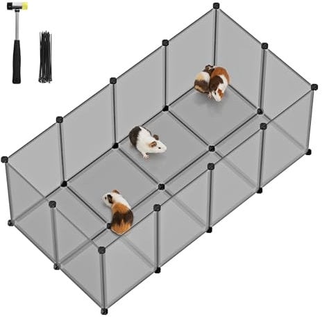 SONGMICS Parc Enclos, Cage, Clôture, avec Plancher, Intérieur, Modulable, en Plastique, pour Cochon d’Inde, Hérisson, Petits Animaux, 125 x 63 x 42 cm, Gris LPC001G01