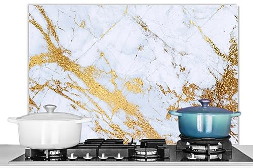 KitchenYeah© Pannello Paraschizzi Cucina Alluminio 80x55 cm para Schizzi per Piano Cottura Parete Cucine Marmo - Oro - Bianco - Lusso - Aspetto del Marmo - Brillantini