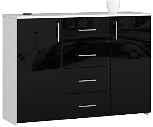 BDW Hochglanz Kommode mit 4 Schubladen und 2 Türen für Schlafzimmer, Wohnzimmer, Flur, Büro - Modernes Design - Aufbewahrungsmöbel - Geräumige Kommode - 110 x 80 x 35 cm - Weiß-Schwarz