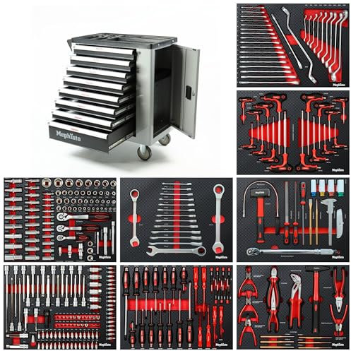 Mephisto Carrello portautensili da officina con 8 cassetti di cui 8 cassetti con attrezzi come chiavi inglesi, cricchetto con scatola di noci, chiave ad anello, ecc. con inserti morbidi in effetto