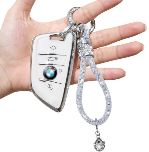 Yumzeco BMW-B-White-Bling 4 Tasten Silicone TPU Autoschlüssel Hülle Cover mit glänzendem Diamant Schlüsselband, Kompatibel mit BMW 2/5/6/7er X1 X3 X4 X5 X6 M5, Auto Keyless Smartkey Schutzhülle-Weiß