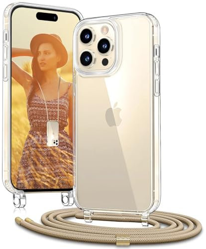 OLEPHY Handykette für iPhone 15 Pro Hülle mit Band, Necklace Handyhülle, Transparente Schutzhülle zum Umhängen mit Kameraschutz und Bildschirmschutz, Golden