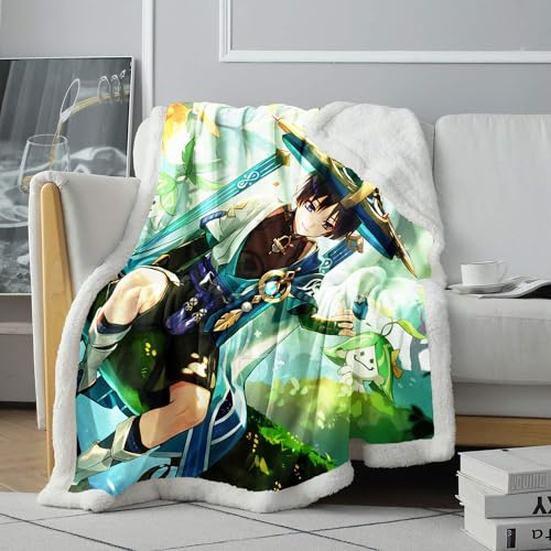CHTLIFQ Decken Genshin Impact Wanderer 3D Sherpa Überwurf für Bett, Stuhl, Couch und Sofa, Reisen, Strand, Ganzjahres Überwurf, Decken, Kinderbettwäsche, Sherpa