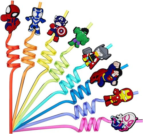 Lot de 16 décorations d'anniversaire de super-héros - Petit cadeau d'anniversaire d'enfant - Pailles réutilisables - Cadeau d'anniversaire d'enfant