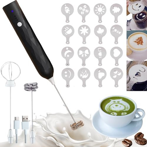 Espumador de Leche Portátil USB y Batidora de Varillas 2 en 1, más 16 Plantillas para Decorar. Batidora con 3 Velocidades y Varillas de Acero Inoxidable. Kit para Café, Te Matcha, Chocolate (Negro)